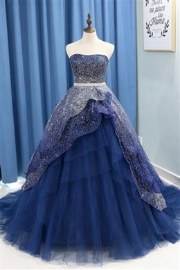 Picture of Gorgeous Tulle Strapless Beaded Long LayeRed Color Evening Dresses, Blue Formal Dresses Prom Dresses